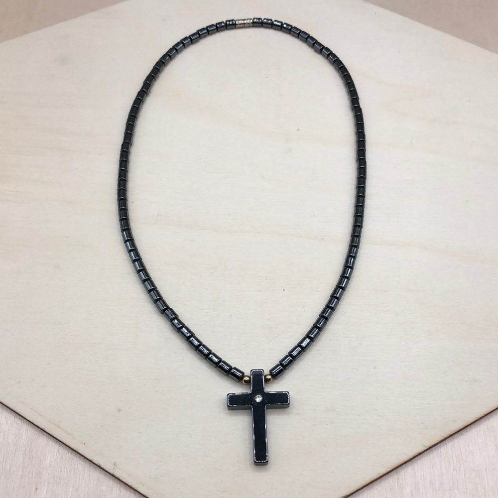 Hematite stone bead cross pendant necklace dark romantic statement look.